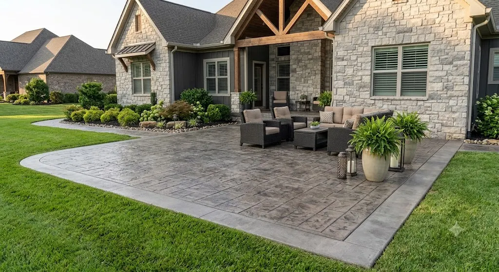 Stamped Concrete Courtyard: outdoor living project, A broad backyard terrace that turns unused lawn into a durable place to gather and unwind.