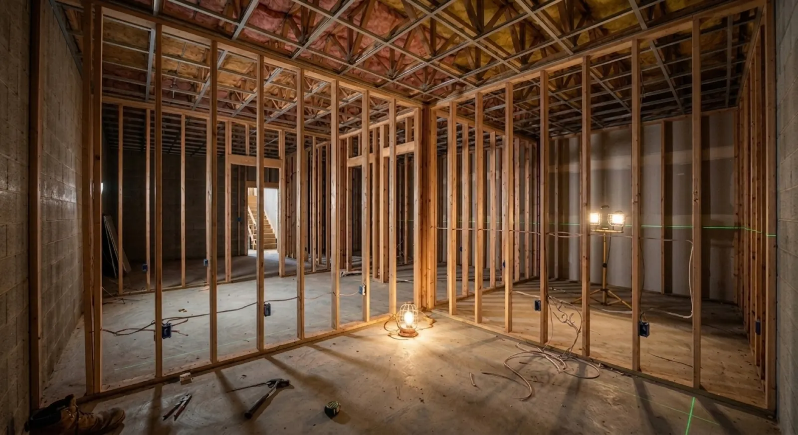 Structural wood framing for a home addition built by Premier Vision Remodeling