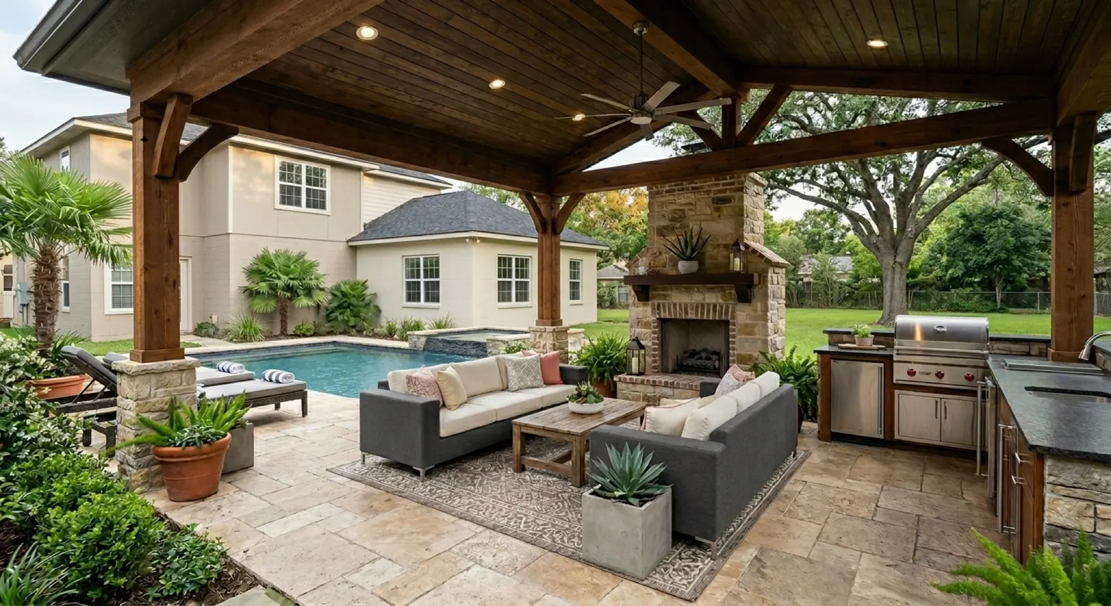 Covered outdoor patio with stone pavers and seating area built by Premier Vision Remodeling
